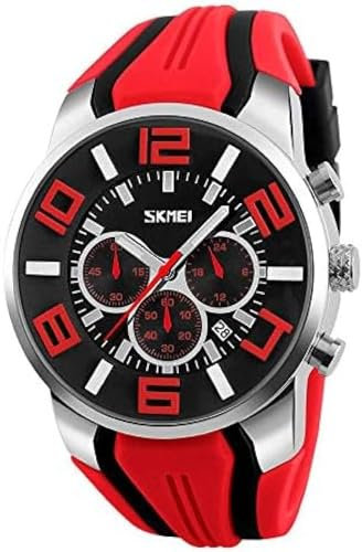 Herrenuhr, Quarzuhren Für Herren Mit Silikonarmband, Multifunktionskalender, Chronograph, 30 M wasserdichte Uhren Mit Sechs Nadeln, Simulierte Militärarmbanduhren Für Den Außenbereich,Rot,outstand