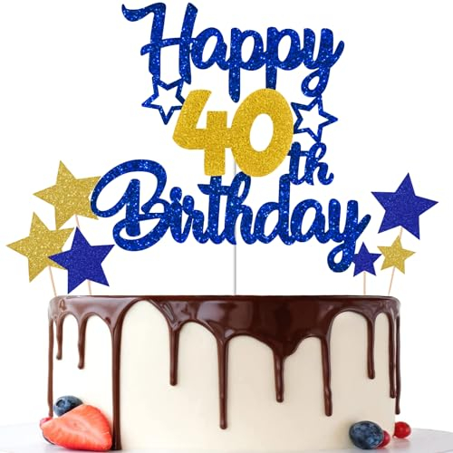 Gidobo 40th Birthday Cake Toppers, Blue Gold Glittery Cake Decorations with Stars, Forty Years Old Birthday Party Supplies for Men and Women