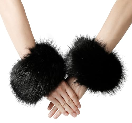 XIHIRCD Fur Cuffs, Kunstfell Handgelenkmanschetten für Frauen Handgelenke und Arme Warm Dehnbar Kurze Armstulpen Handgelenkmanschettenwärmer für den Winter (Schwarz)