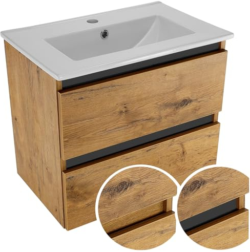 paplinskimoebel Soria Sink - Waschbecken mit Unterschrank 60 cm Breit, Waschtisch mit Unterschrank, Waschbeckenunterschrank mit Schubladen Hängend, Waschbeckenunterschrank Holz - Lancelot Eiche