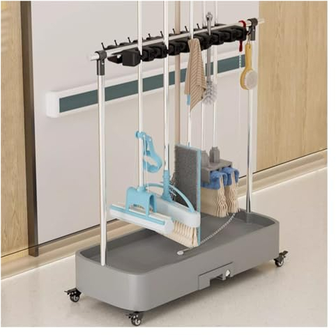 GOCHUSX Commercial Mop Rack, Broom Holder Organizer, Cleaning Caddy On Wheels, Floor-Mounted Mop Bucket, Freestanding Broom Closet Cabinet(92x40x96cm(16slots))