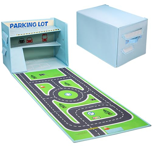 Livememory Toy Car Storage Box - Toy Garage Box for Boys with Car Rug Play Mat