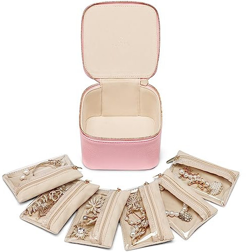 Vlando Small Jewelry Box Organizer, Travel Jewelry Storage with 6 Velvet Zipper Pockets, Premium Petal Hardware Case
