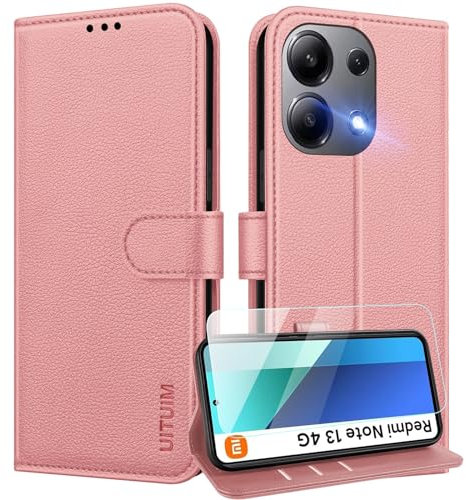 UITUIM Coque pour Xiaomi Redmi Note 13 4G (Pas pour 5G) Coque Etui Portefeuille Cuir avec Verre Trempé Protection Écran Porte Carte Rabat Clapet Pochette Flip Case Étui Cover Housse Etui,Rose