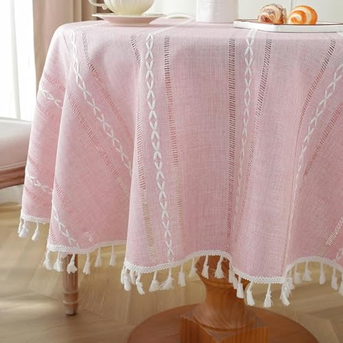 meioro Nappes Boho pour la Ferme Décor, Nappe de Table Rectangulaires 140x200cm, Nappe Polyester Linen Touch Tressée et Rayée, Table Cloth Lavable avec Tassel pour Cuisine Salle à Manger (Rose)