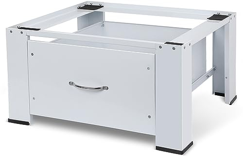Metall Waschmaschinen Untergestell mit Schublade, Sockel für Trockner | 64 x 54.5 x 32 cm(LXBXH) | bis 150 kg | inkl. Rutschfesten Pads, Stahl Sockel Gestell Podest Erhöhung für Kühlschrank, Weiß