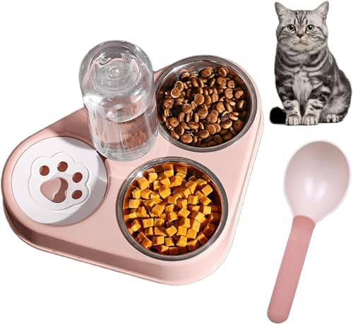Gamelle pour Chat, 3 in 1 Bols Chat en Acier Inoxydable Distributeur Croquettes Chat Mangeoirs et Abreuvoirs pour Chat Bol pour Animaux d'eau Automatique avec Cuillère à Nourriture (Rose)