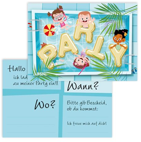 Kigebu 12 Einladungskarten Kindergeburtstag Pool/Schwimmbad [extra stabil] Einladung für Poolparty, Sommerfeier| die Geburtstagseinladung für Jungs und Mädchen (Pool ohne Kuvert)