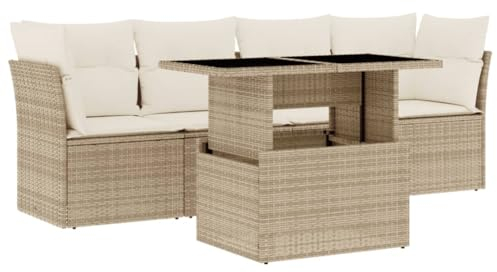 vidaXL 5-TLG. Garten-Sofagarnitur mit Kissen Beige Poly Rattan