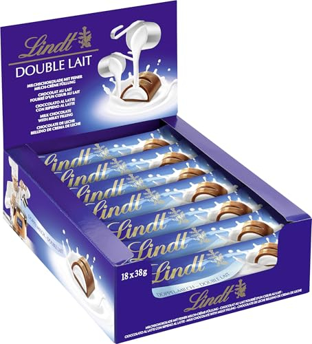 Lindt Schokolade Doppelmilch Riegel | 18 x 38 g Riegel im Thekendisplay | Feine Vollmilch-Schokolade mit Milchcremefüllung | Schokoladen Großpackung | Schokoladengeschenk | Schokoriegel