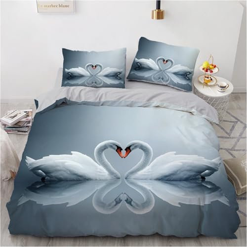 Wintdeer Bettwäsche 200x200cm 3-teilig, Liebe Schwan Bettwäsche-Sets, Bettbezug aus Mikrofaser mit 2 Kissenbezug 80x80cm, Versteckter Reißverschluss, Queen Size Bettwäsche Set