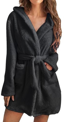 Accappatoio con cappuccio in pile da donna, soffice vestaglia da donna da notte morbida camicia da notte da donna accappatoio morbido caldo pigiama lungo morbido peluche caldo accappatoio, Nero , 4XL