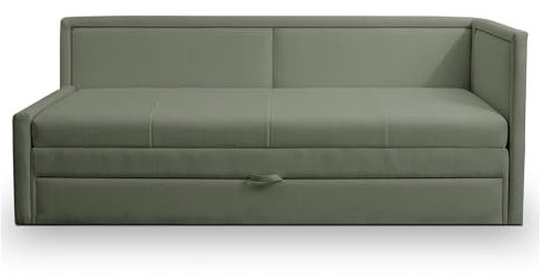 Selsey Polsterbett 91 x 205 cm Schlaffläche 163 x 189 cm Gepolstertes Bett Tagesbett Sofabett Jugendbett Robuster Stoff T30 Schaumstoff Ausziehbar Stauraum Salbei Caprili