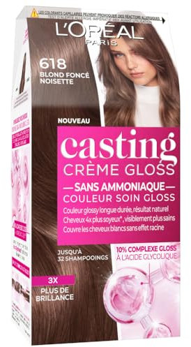 L'ORÉAL PARIS - semi-permanente Haarfarbe Ton in Ton – Pflegefarbe Gloss – ohne Ammoniak – Casting Creme Gloss – Nuance: Dunkelblond Haselnuss (6.18)