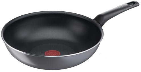 Tefal B57119 Easy Plus Wokpfanne 28 cm | Wok mit Antihaftversiegelung und Titanpartikeln | Bratpfanne Thermo-Signal Temperaturanzeiger | Spülmaschinengeeignet | Pfanne mit tiefer Form | Schwarz