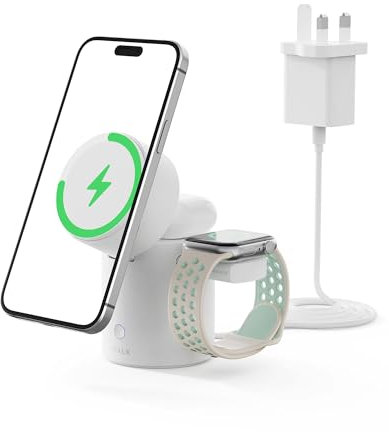 iWALK 3 in 1 Wireless Charging Station with Auto Rotation, Charger Stand with Magnet for Apple Devices, 15W Foldable Wireless Charger Station for iPhone 17 16 15 14 13 12 & Apple Watch & Airpods,White