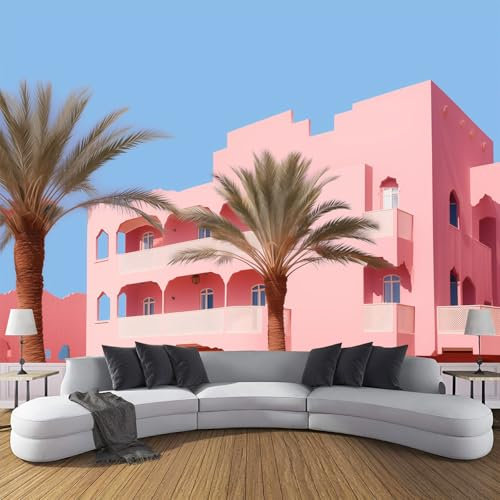 JSCWDET Pink Building Mural Wallpaper Palm Trees Blue Sky Wallpaper for Bedroom Living Room TV Background Large Mural Sofa Wall (not self-Adhesive),400 × 280 cm