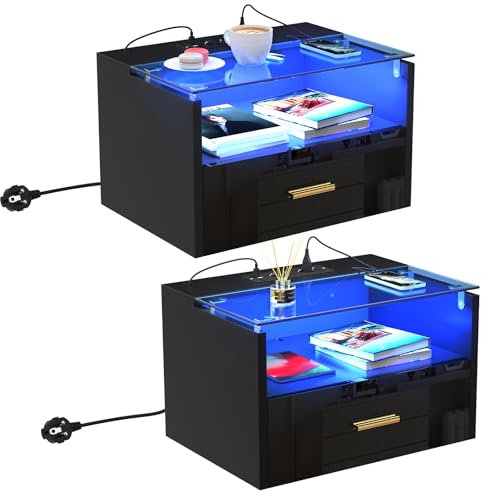 HaodaCulture Table de Nuit Lot de 2, Tables de Chevet Murales LED, 2 Ports et 2 Prises USB, 16 Couleurs LED RVB, Compartiment Ouvert, Chevet de Lit pour Chambre, Salon, Noir 42x30x24.5 cm