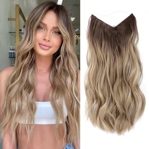Ms Taj Invisible Secret Wire Extensions 40cm,mit Einstellbarer Größe Ombre Blonde Haarverlängerung Lange Synthetik mit Clips ein Stück lockiges Haarteile für Frauen