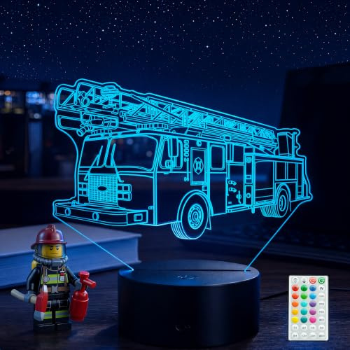 POSSHE Feuerwehrauto 3D-Nachtlicht für Jungen, 16 Farben mit Fernbedienung, Timer, RGB-Blinkmodus, dimmbare LED-Illusionslampe, Feuerwehrauto-Dekoration für Geburtstag, Feiertage, Weihnachten