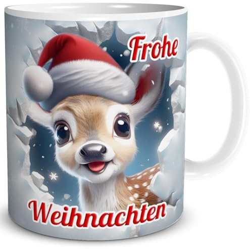 TRIOSK Weihnachtstasse 3D Illusion Reh mit Spruch Frohe Weihnachten - Lustiges Becher-Durchbruch Geschenk für Tier- & Rehliebhaber, Frauen, Männer & Kollegen - Keramik-Tasse 300 ml