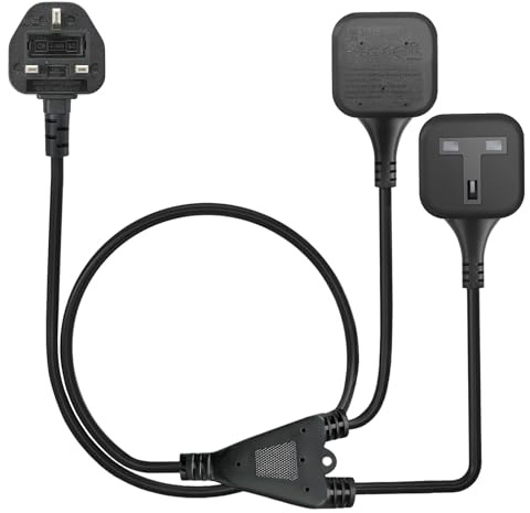 Flomiara 2 Way Extension Lead with Short Cable (1 Meter - Square Plug) | Double Socket Extension Cable with 13A Fused Plug, Y Splitter Power Adapter Cord for Home, Office, Kitchen, Small Power Cord