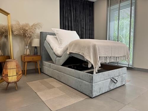 TRADA Boxspringbett 100 x 200 cm, Elektrische Bett mit Matratze, Grau | SORRENTO, Bett mit Kopfteil, Topper und Bettkasten, Stoffbezug Veloursstoff