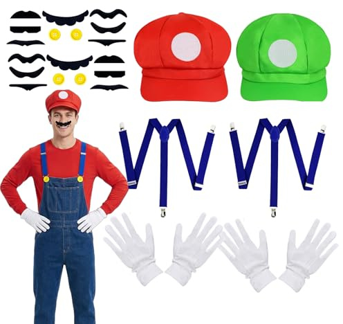 Mrqqmake Mario Kostüm Zubehör, Luigi Bros Kostüm Accessories mit Hüte Kappen Schnurrbärte Handschuhe Knöpfe Hosenträger für Fasching Halloween Karneval Cosplay