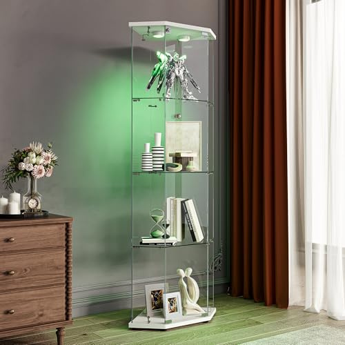 WOBOPCG Glasvitrine Standvitrine mit Led,Glasvitrine Stehend,4 Lagen Glas und Holzsockel,Glas Vitrine Vitrinenschrank 1 TüR und Schloss,Vitrine Glasschrank Display Cabinet Sammlervitrine (Weiß-2)