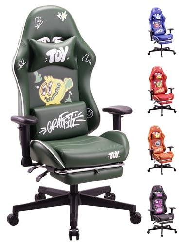 play haha Gaming Chair with Footrest, Ergonomic Reclining Gamer Chair with Adjustable Armrests, Faux Leather Computer Chair with Lumbar Support & Headrest, Swivel Desk Chair for Gaming Room Setup
