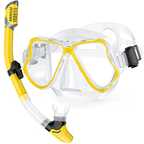 QcoQce Trocken Schnorchelset,Anti-Fog und Panorama-Weitblick Tauchmaske,Leichtes Atmen und Professionelle Schnorchelmaske mit Weichen Mundstück,Schnorchel Set für Erwachsene