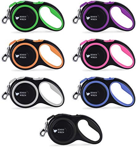 Jenny Wren Tangle-Free, Retractable Dog Lead with Anti-Slip Handle; 8M / 26FT Reflective Strong Nylon Tape/Ribbon; One-Handed Brake, Pause, Lock Blue