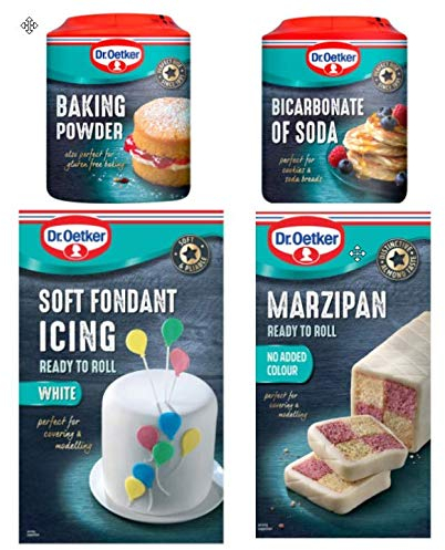 Dr. Oetker Backbündel: 1 x 454 g Marzipan, 1 x 454 g weicher Fondant Zuckerguss (weiß), 1 x Backpulver, 1 x Natron