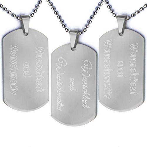 Beidseitige Wunschgravur Dog Tag Halskette | Anhänger aus Edelstahl im Satinsäckchen | Zwei Seiten 2 Personalisiert Text | Army Militär Erkennungsmarke | Kugelkette | Silber Schwarz Gold Silber