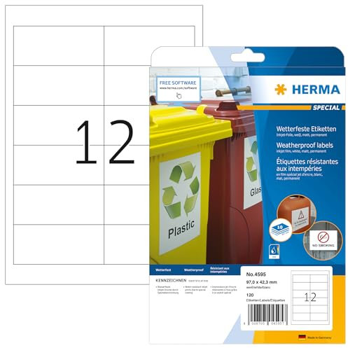 HERMA 4595 Wetterfeste Folienetiketten für Inkjet Drucker, 320 Blatt, 97 x 42,3 mm, 12 pro A4 Bogen, 3840 Stück, selbstklebend, bedruckbar, matt, Klebeetiketten Aufkleber für Tintenstrahldrucker, weiß