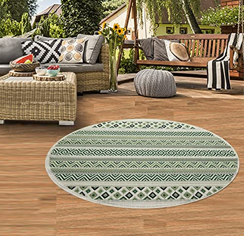 Teppich-Traum Runder In- & Outdoor Teppich Sisal Optik Balkon Küche Wohnzimmer Terrasse gestreiftes Zickzack Rauten Diamantenmuster grün Sand Größe 160 cm Rund