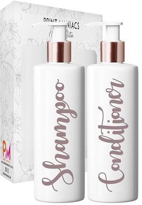 Print Maniacs White Mrs Hinch Inspired Personalised 500ml Bottles Bathroom Shampoo Conditioner Rose Gold Pump (Set 2) (Matt Rose Gold)