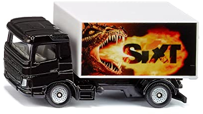 siku 1107, LKW mit Kofferaufbau Sixt, Spielzeug-LKW, Metall/Kunststoff, Schwarz/Weiß, Heckklappe zum Öffnen, Drachen-Motiv