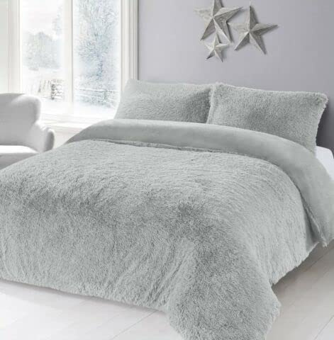 NIGHTZONE Teddy Bear Fleece Long Fur Cuddles Alaska Luxury Duvet Cover Set Warm Cosy Soft Teddy Bedding Set (Silver, Super King)