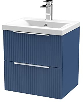 Hudson Reed DFF392A Fluted Modern Bathroom Wall Hung 2 Drawer Vanity Basin Unit with Mid-Edge Ceramic Basin, 500mm, Satin Blue