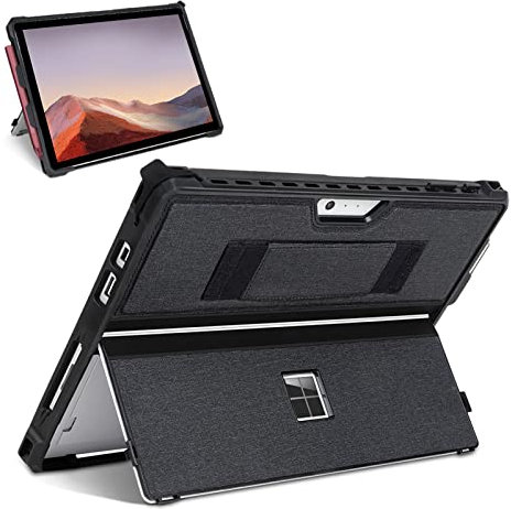 SSS·GRGB Protective Case for Microsoft Surface Pro 7+/7/6/5/4/Pro LTE 12.3-Inch - Slim All-in-One Rugged Cover with Hand Strap, Compatible with Type Cover Keyboard & Adjustable Stand (Black)