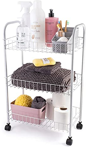 Vivo Technologies 3 Tier Fruit Vegetable Trolley Basket Rack Kitchen Storage with Wheels, Storage Rack with Organizer Baskets for Fruits, Vegetables, books, tools Storage,White
