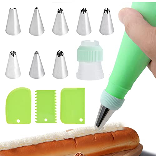 13 Stück Kuchen-Spritztüllen-Set, Cupcake Dekoration Backset, Edelstahl Spritztüllen Set, Wiederverwendbar Silikon Spritzbeutel, Kuchen Schaber, Standardkonverter für Kuchen, Keksen-Dekoration