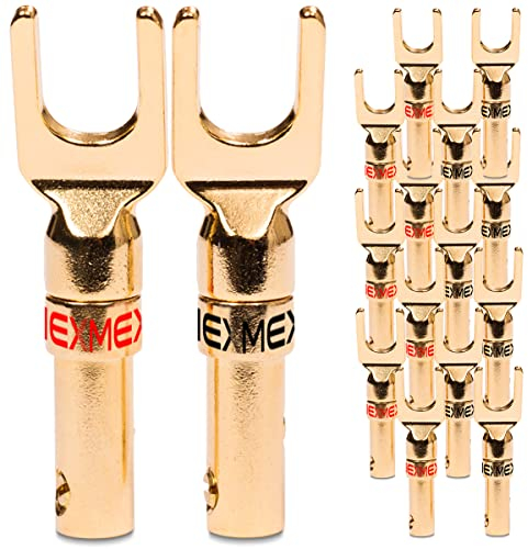 Kabelschuhe NEXMEX High End 16x Stecker für Lautsprecherkabel Gabelschuhe Steckverbinder für Kabel bis 6mm² 24K vergoldet löt- oder schraubbar Flexibler Anschluss für HiFi-Boxen Verstärker Endstufen