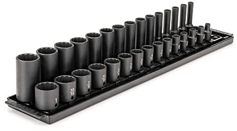 TEKTON 3/8 Inch Drive 12-Point Impact Socket Set with Rails, 30-Piece (1/4-1 in.) | SID91214
