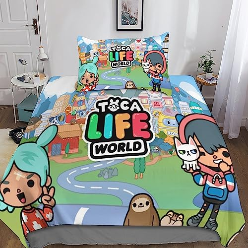 Toca Boca World Kinder Bettbezug Set Startseite Satz, Bettwäsche Satz Moderne Bettbezug Für Jugendliche Jugend Mädchen Jungen, Startseite Schlafzimmer Dekor Single（135x200cm）