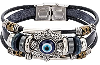 FUZYXIH Lucky Eye Türkisch Für Armbänder Für Männer Frauen Punk Stil Handgefertigter Schmuck Mehrschichtiges Schwarzes Lederarmband Mehrschichtiges Lederarmband Männer Perlenarmband Blaues Auge