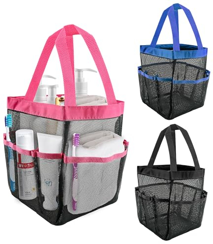YKUKIZEE 3 Pack Mesh Shower Caddy Bag with 8 Pockets, Quick Dry Shower Caddy Tote with Handle, Portable Cleaning Caddy Bag for Gym Bathroom Beach College Dorm Room 25 x 28 x 32 cm