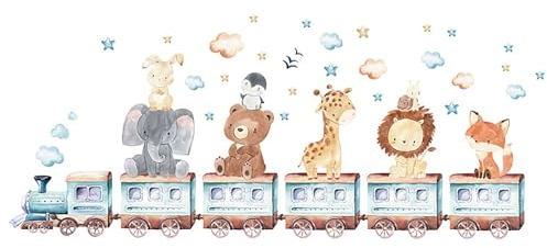 Wandtattoo Kinderzimmer Wandtattoo Zug Tiere Wandaufkleber Waldtiere Babyzimmer Deko Selbstklebend Cartoon Niedliche Tier-Elefant-Giraffe Wandsticker Babyzimmer Tapete für Jungen Mädchen