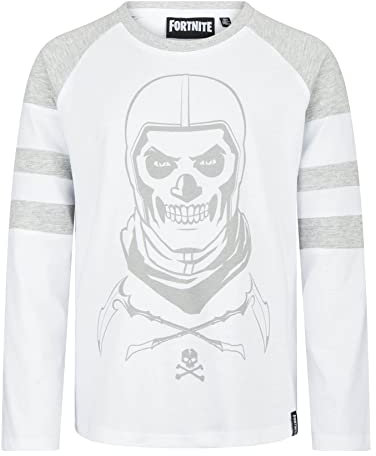 Fortnite - T-shirt unisexe à col rond à manches longues en coton blanc - Motif Skull Trooper Gaming - Âge 9-16 ans, blanc, 13-14 ans